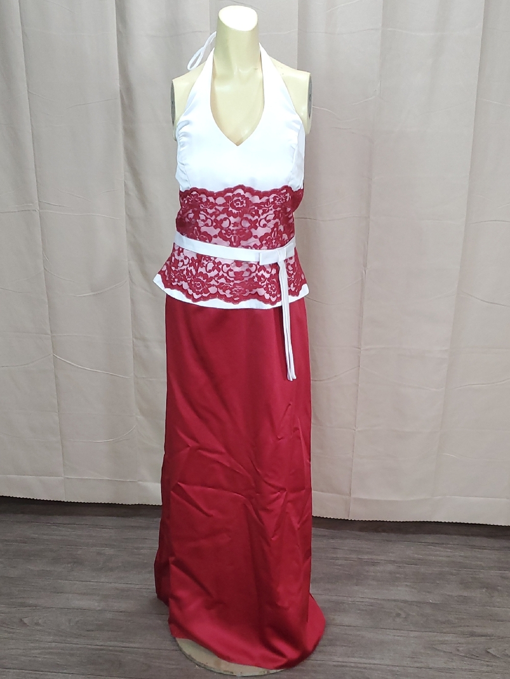 Alfred Angelo White Halter Gown with Red Lace Peplum